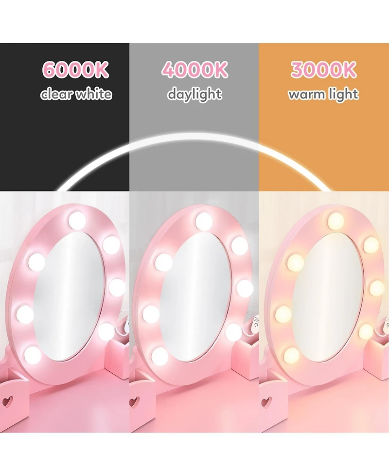 homfan Lighted Mirror Kids Vanity Table and Chair Set - Wooden Princess Makeup Dressing with Stool Pretend Play Storage Drawer