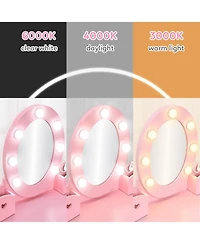 homfan Lighted Mirror Kids Vanity Table and Chair Set - Wooden Princess Makeup Dressing with Stool Pretend Play Storage Drawer