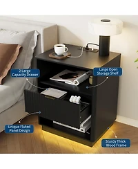 gaomon Fluted Nightstand Set of 2, Wooden Night Stand with Charging Station and Led Light