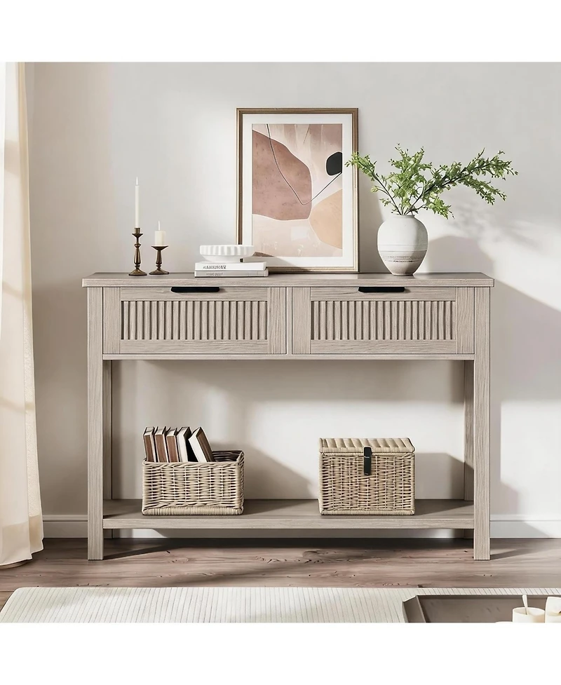 gaomon Entryway Table with 2 Drawers, Farmhouse 43 Inch Wood Fluted Console Table with Shelf, 2 Tier Sofa Table with Storage for Living Room