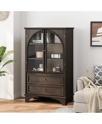 Streamdale Furniture 52.17"H Glass Door Display Cabinet with 2 Drawers and Adjustable Shelf