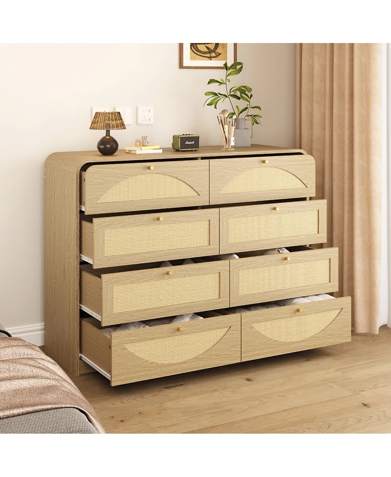Streamdale Furniture 8-Drawer Rattan Front Dresser, Natural Wood Storage Chest