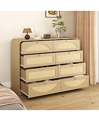Streamdale Furniture 8-Drawer Rattan Front Dresser, Natural Wood Storage Chest