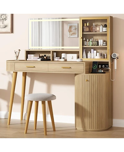 gaomon Vanity Desk with Light Mirror, 47.2 Inch Vanity Table with Stool and Charging Station, Makeup Table with Drawer and Cabinet and Glass Door