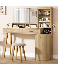 gaomon Vanity Desk with Light Mirror, 47.2 Inch Vanity Table with Stool and Charging Station, Makeup Table with Drawer and Cabinet and Glass Door