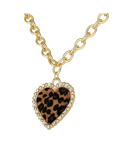 Jessica Simpson Chunky Heart Necklace for Women with Cheetah Print and Pave Crystals, 18"+2" Heart Pendant Necklace
