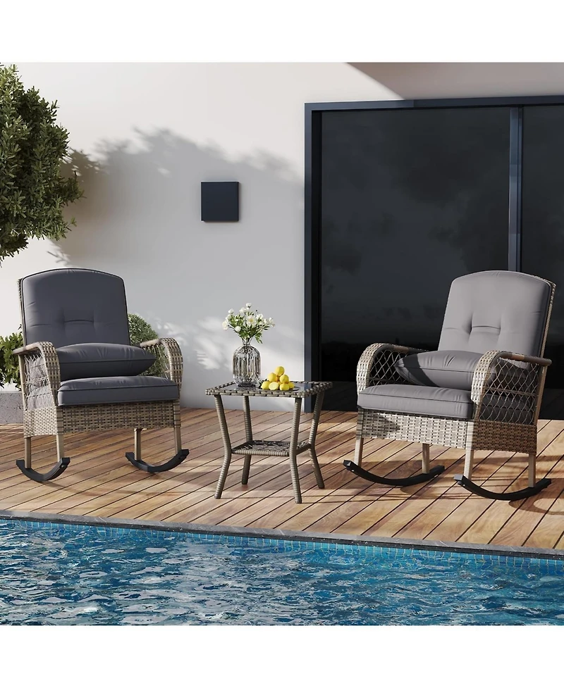 gaomon 3 Piece Outdoor Wicker Rocking Chair, Weather Resistant Wicker with Table for Porch, Backyard, Garden and Patio