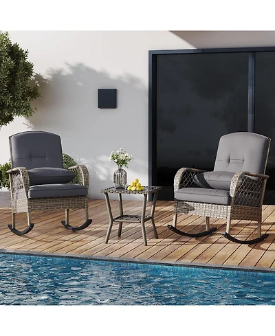 gaomon 3 Piece Outdoor Wicker Rocking Chair, Weather Resistant Wicker with Table for Porch, Backyard, Garden and Patio