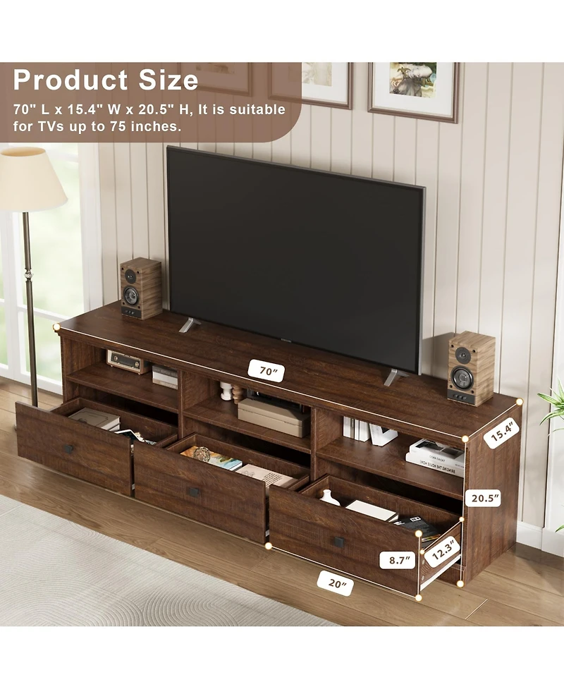gaomon 70inch Tv Stand for TVs up to 80", Mid Century Modern Entertainment Center with Storage Drawer and Open Shelves