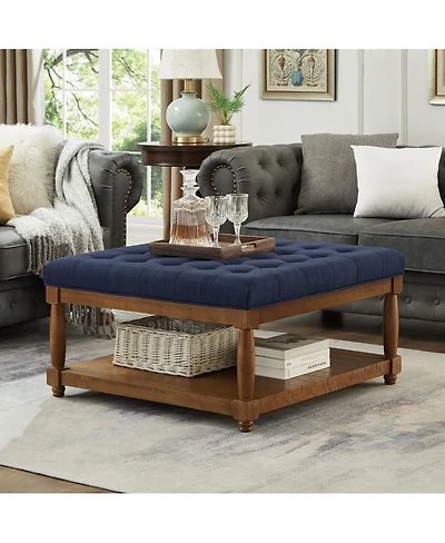 Streamdale Furniture Tufted Linen Upholstered Ottoman Coffee Table with Wood Shelf