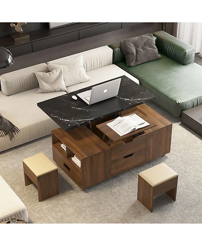 Boyel Living Modern Lift-Up Coffee Table with 2 Stools Set for Living Room Expandable Hidden Storage and Drawers