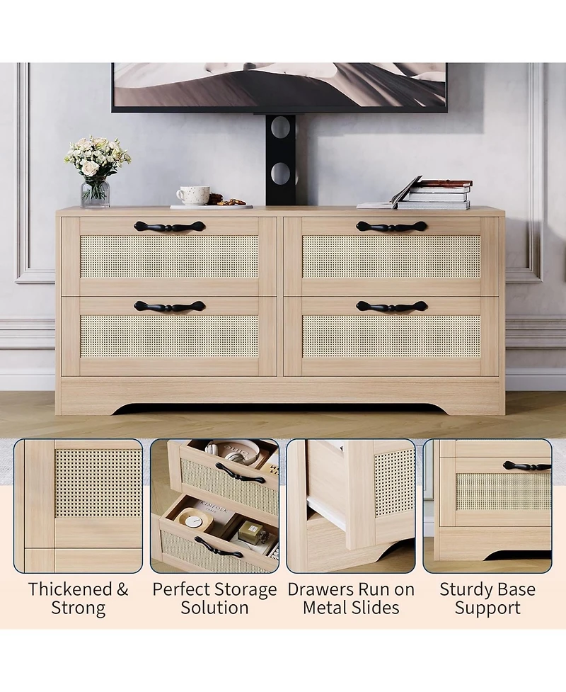 gaomon 4-Drawer Tv Stands for Living Room, Entertainment Center, 4-Drawer Wicker-Style Mdf Tv Stand with Stand, Living Room Furniture