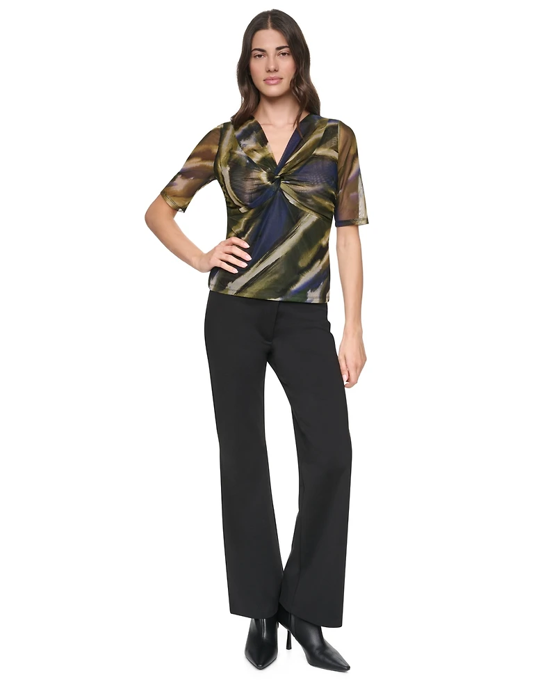 Dkny Women's Printed Mesh Twist-Front V-Neck Top