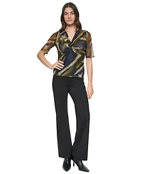 Dkny Women's Printed Mesh Twist-Front V-Neck Top