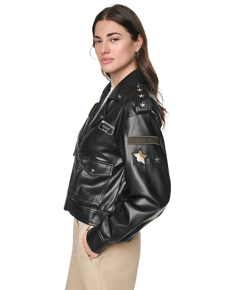 Dkny Women's Faux Leather Collared Zip-Front Jacket