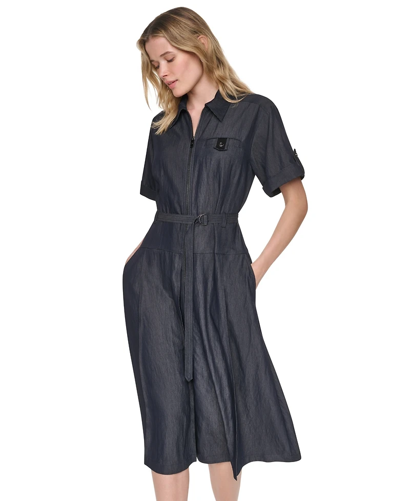 Dkny Women's Collared Short-Sleeve Removable Belt Midi Dress