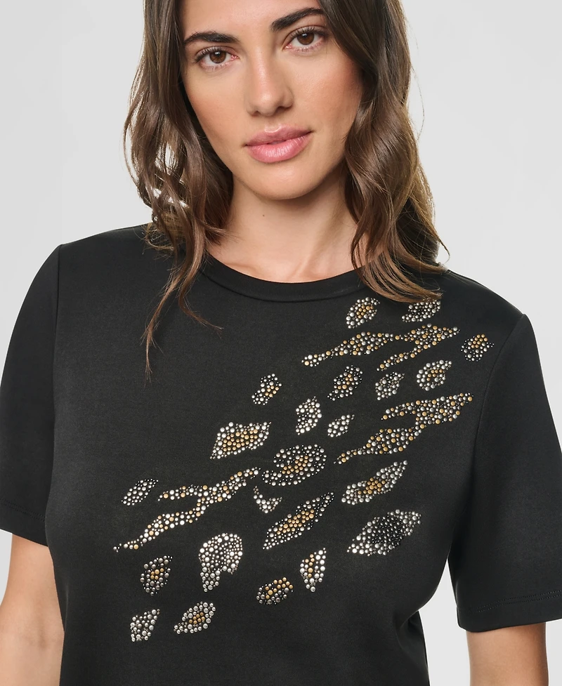 Dkny Women's Animal Print Heatset Short-Sleeve Crewneck Cotton Top