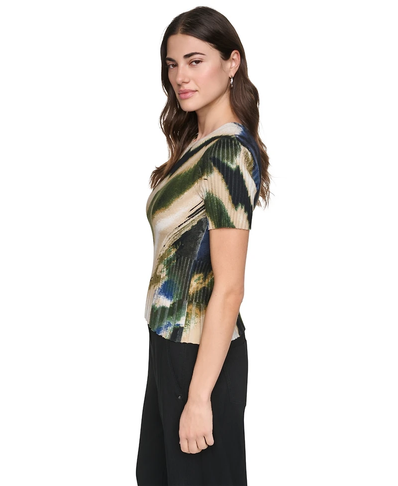 Dkny Women's Printed Rib Knit Crewneck Short-Sleeve Sweater