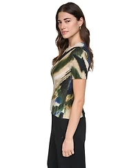 Dkny Women's Printed Rib Knit Crewneck Short-Sleeve Sweater