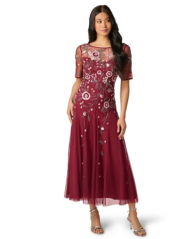 Adrianna Papell Women's Boat Neck Beaded Mesh Ankle Dress