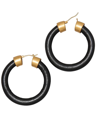 Donna Karan New York Black Leather Gold-Tone Hoop Earrings
