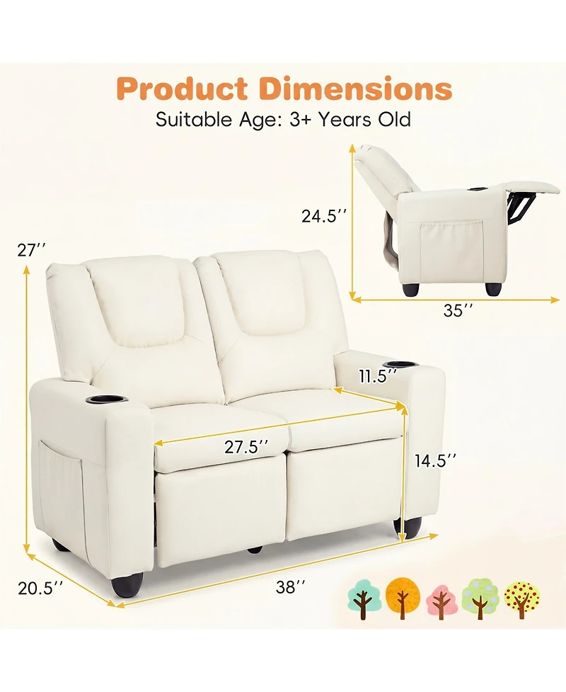 Costway 2-Seater Kids Recliner with Cup Holders Side Storage Pockets Adjustable Backrest