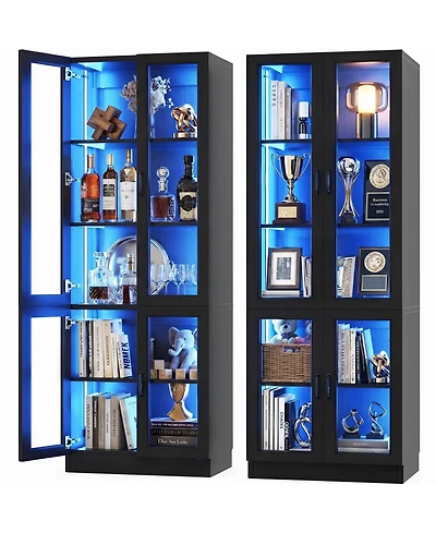 5-Tier Tall Display Cabinet with Glass Doors, 80" Bookcase Led Light