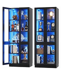 5-Tier Tall Display Cabinet with Glass Doors, 80" Bookcase Led Light