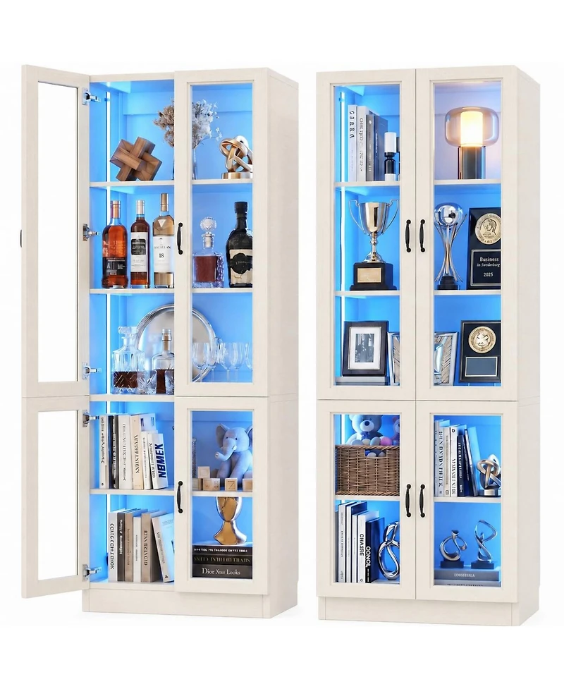 5-Tier Tall Display Cabinet with Glass Doors, 80" Bookcase with Led Light