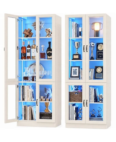 5-Tier Tall Display Cabinet with Glass Doors, 80" Bookcase with Led Light