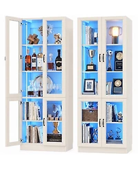 5-Tier Tall Display Cabinet with Glass Doors, 80" Bookcase with Led Light