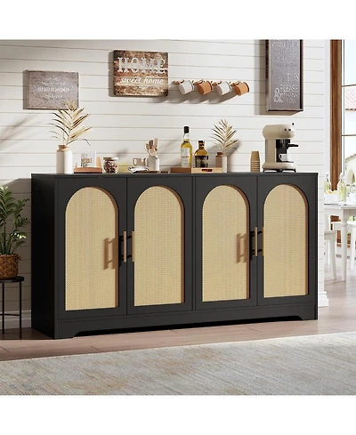 gaomon 59" Rattan Sideboard Buffet Cabinet, 4-Door Modern Storage Console for Living Room, Kitchen & Dining