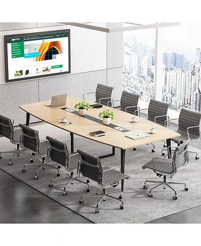 Tribesigns 8FT Conference Table: 94.48"L boat-shaped meeting table with cable grommets. Modern conference table for office. Light Wood Grain