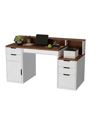 homfan Computer Desk with Hutch and Printer Stand - Ripple Door Design, Space Saving Home Office Desk, Sturdy Board Construction