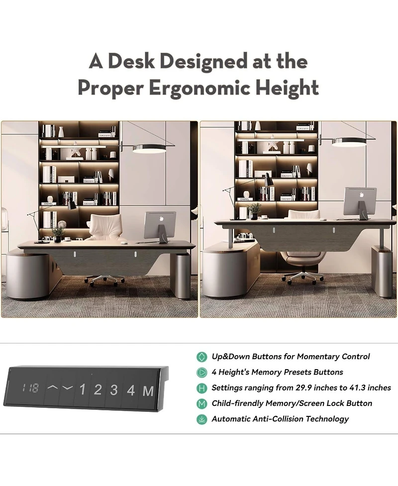 Logicfox Sit and Stand L Shaped Executive Desk Adjustable Luxury Office with File Cabinet