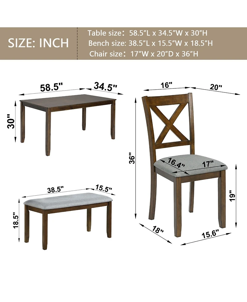 Casainc 6 Piece Wooden Dining Table Set with Table, 4 Upholstered Chairs and Bench