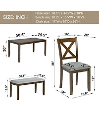 Casainc 6 Piece Wooden Dining Table Set with Table, 4 Upholstered Chairs and Bench