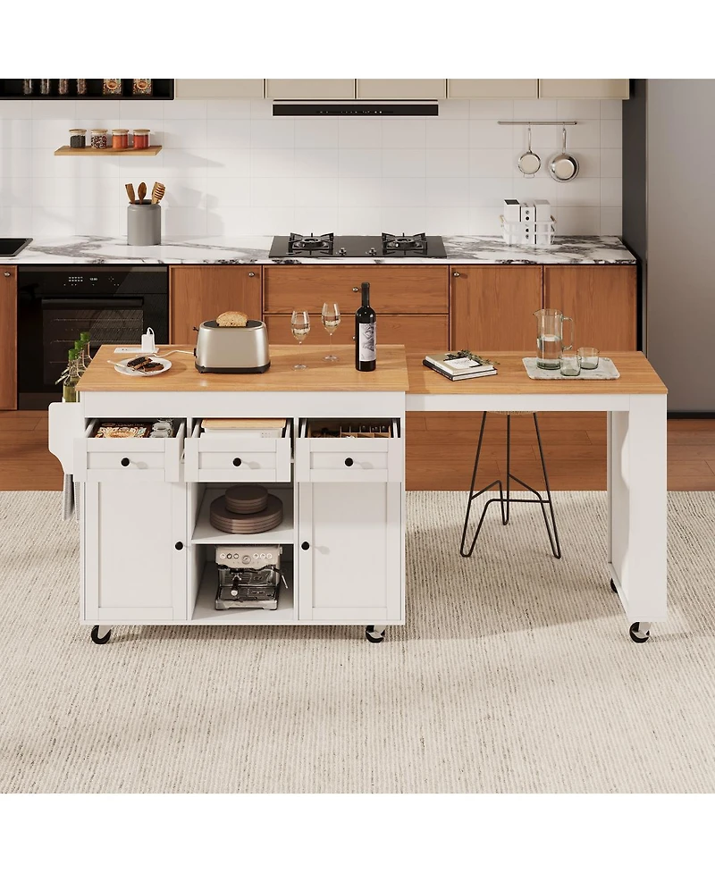Streamdale Furniture 85.5" Extendable Kitchen Island with Storage, Power Outlet, and Shelves