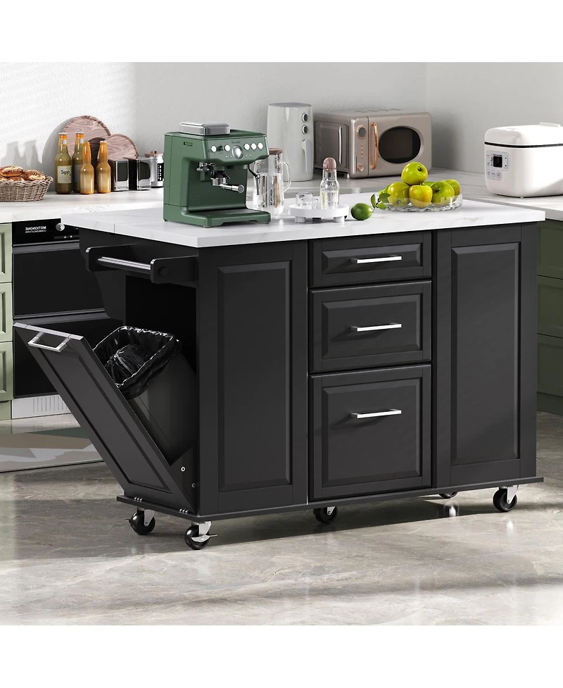 Streamdale Furniture 50.7" Rolling Kitchen Island with Tilt Trash Can, Drop Leaf