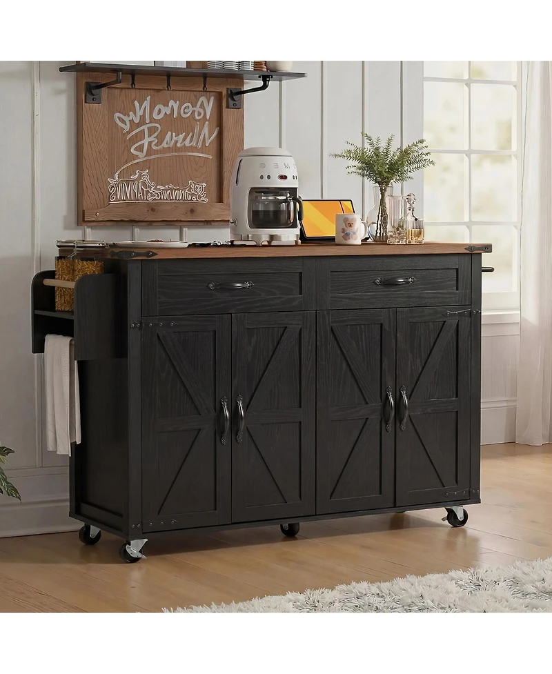 Streamdale Furniture Farmhouse Kitchen Island with Drop Leaf, Power Outlet, and Storage