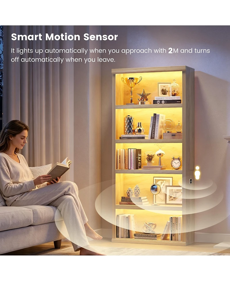 Vlsrka 71" Tall 5-Tier Bookcase, Open Display Shelf with 3-Color Motion Sensor Lights