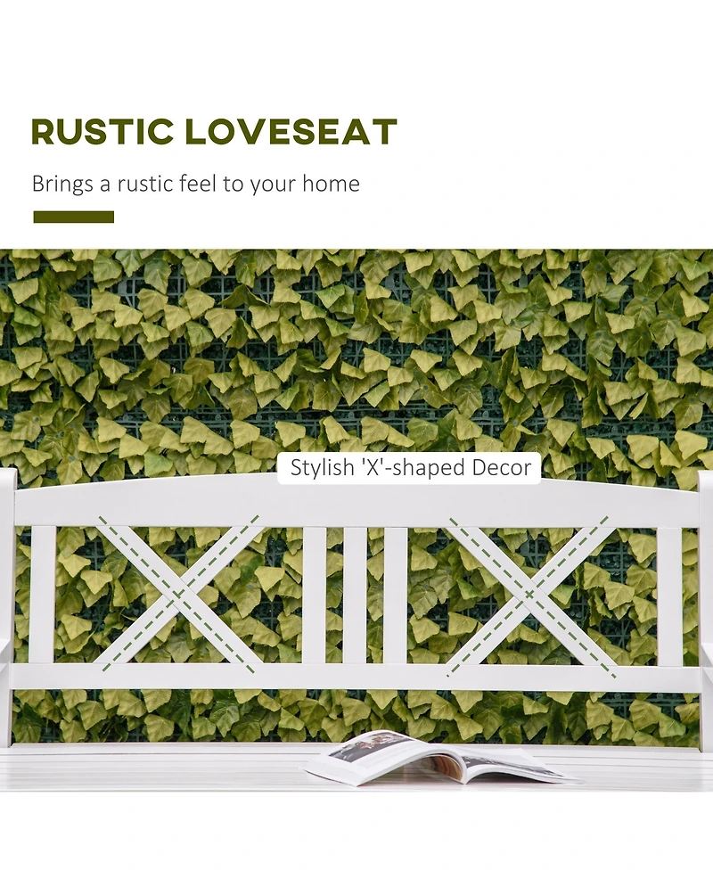Outsunny 2-Seater Wooden Garden Bench, 4FT Outdoor Patio Loveseat with Unique X-Shape Back for Yard, Lawn, Porch, White