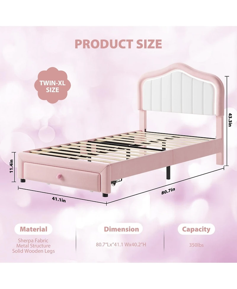 homfan Upholstered Platform Bed with Led Lights And Storage Drawer, Soft Headboard, Wooden Slats, No Box Spring Needed, Noise-Free, Easy Assembly