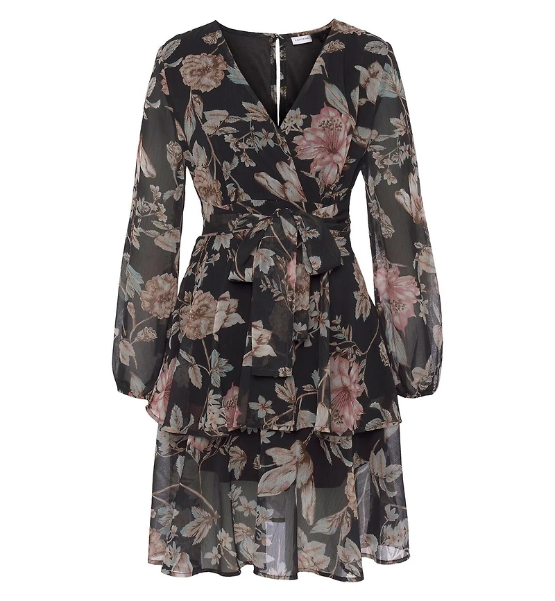 Lascana Women's Floral Print Long Sleeve Wrap Surplice-Neck Short Dress