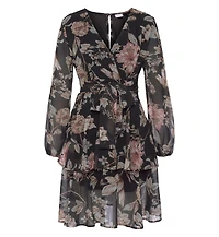 Lascana Women's Floral Print Long Sleeve Wrap Surplice-Neck Short Dress
