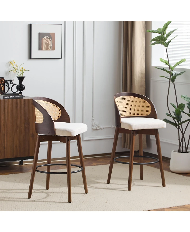 Maison Boucle Swivel Counter Height Bar Stools Set of 2, Solid Wood Rubberwood Frame, Walnut Finish, Fabric Upholstered Seat, Rattan Backrest