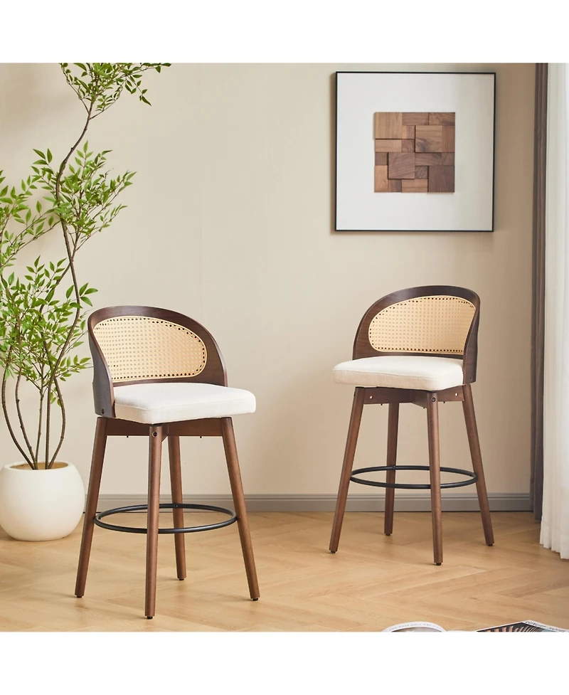 Maison Boucle Swivel Counter Height Bar Stools Set of 2, Solid Wood Rubberwood Frame, Walnut Finish, Fabric Upholstered Seat, Rattan Backrest