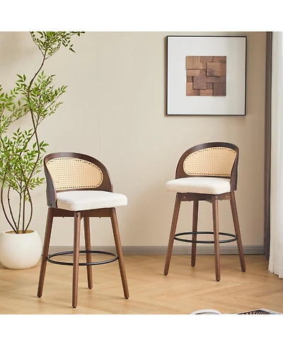 Maison Boucle Swivel Counter Height Bar Stools Set of 2, Solid Wood Rubberwood Frame, Walnut Finish, Fabric Upholstered Seat, Rattan Backrest