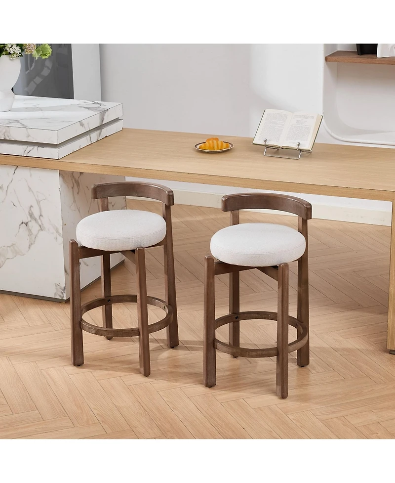 Maison Boucle Swivel Counter Height Bar Stools Set of 2, Linen Upholstered, Mid-Century Modern Stool with Back, Footrest, 26" Seat