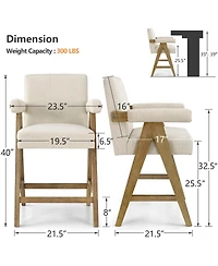 Maison Boucle Set of 4 Mid-Century Modern Counter Height Bar Stool With Arms, Solid Wood Oak Legs, Beige Upholstered Full Back, Footrest, 25.5" Seat H